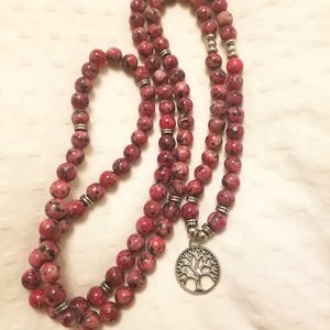 Long Gemstone Pink necklace with Tree of Life